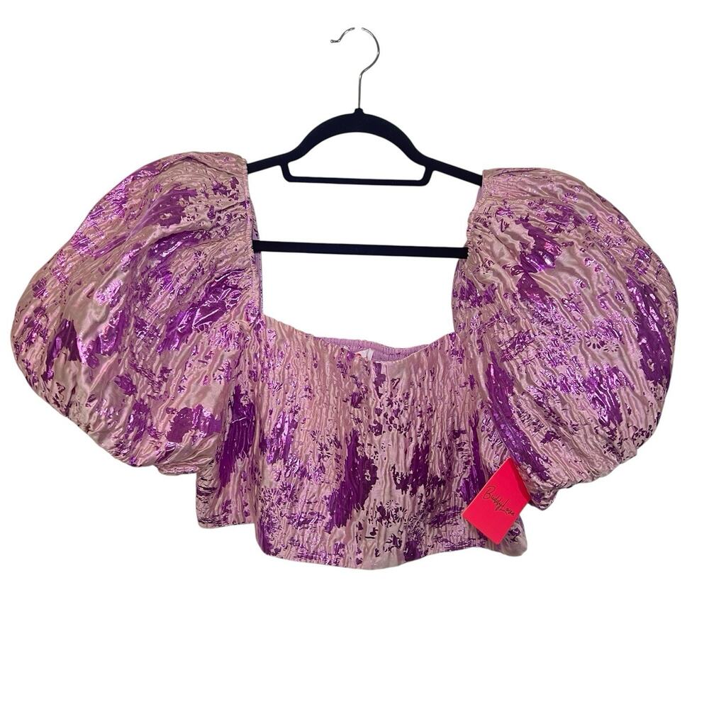 Buddy Love Calloway Crop Top Size XL Electric Purple Ruffle Puff Sleeve Metallic